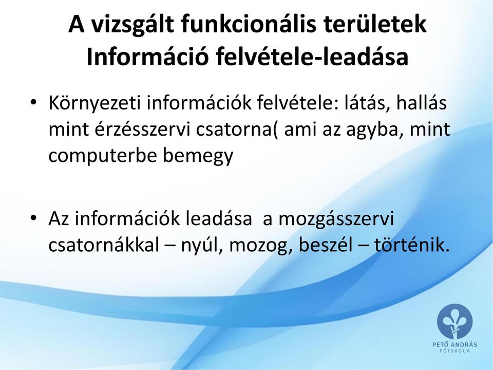 érzésszervi csatorna( ami az agyba, mint computerbe bemegy Az