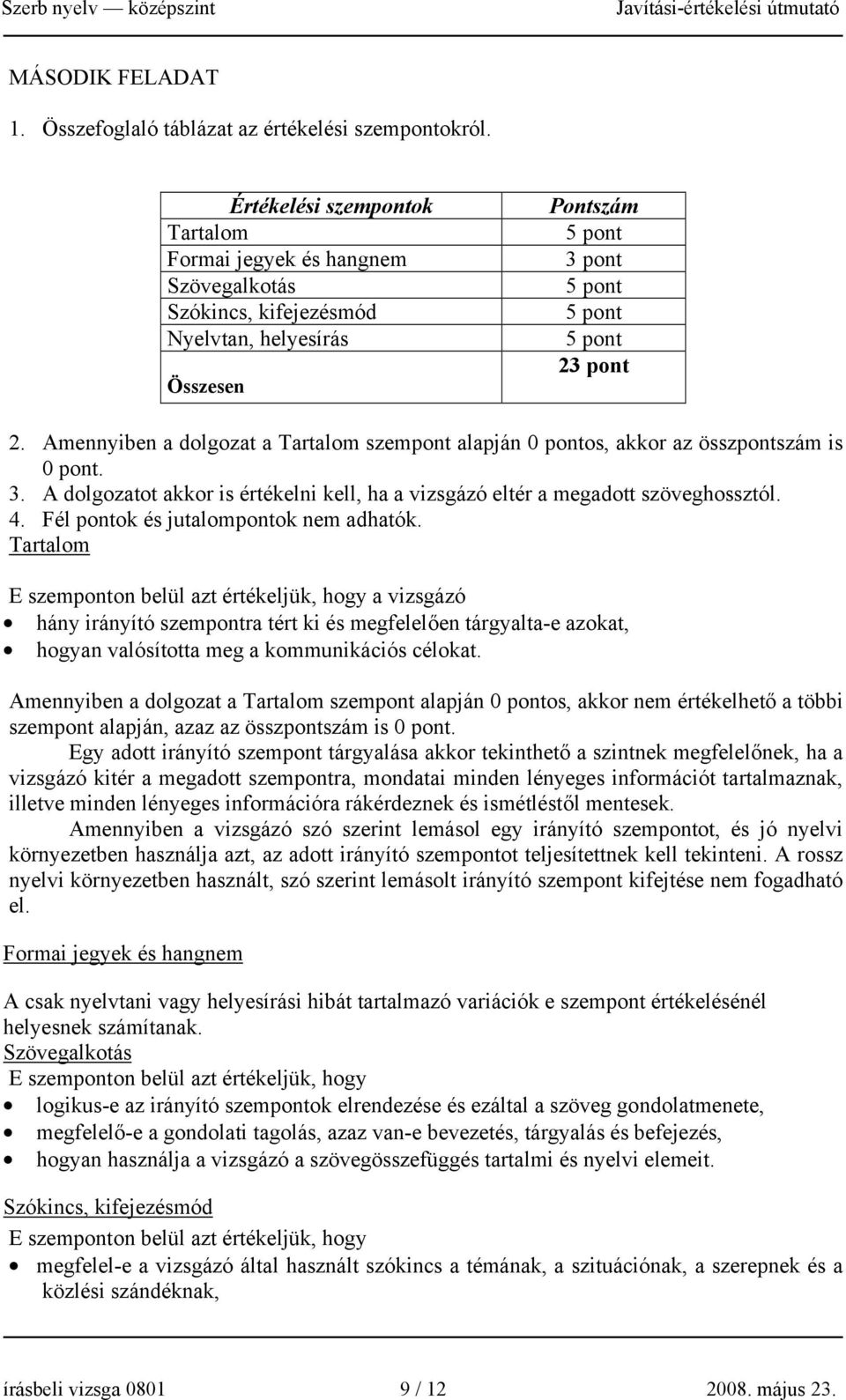Amennyiben a dolgozat a Tartalom szempont alapján 0 pontos, akkor az összpontszám is 0 pont. 3. A dolgozatot akkor is értékelni kell, ha a vizsgázó eltér a megadott szöveghossztól. 4.