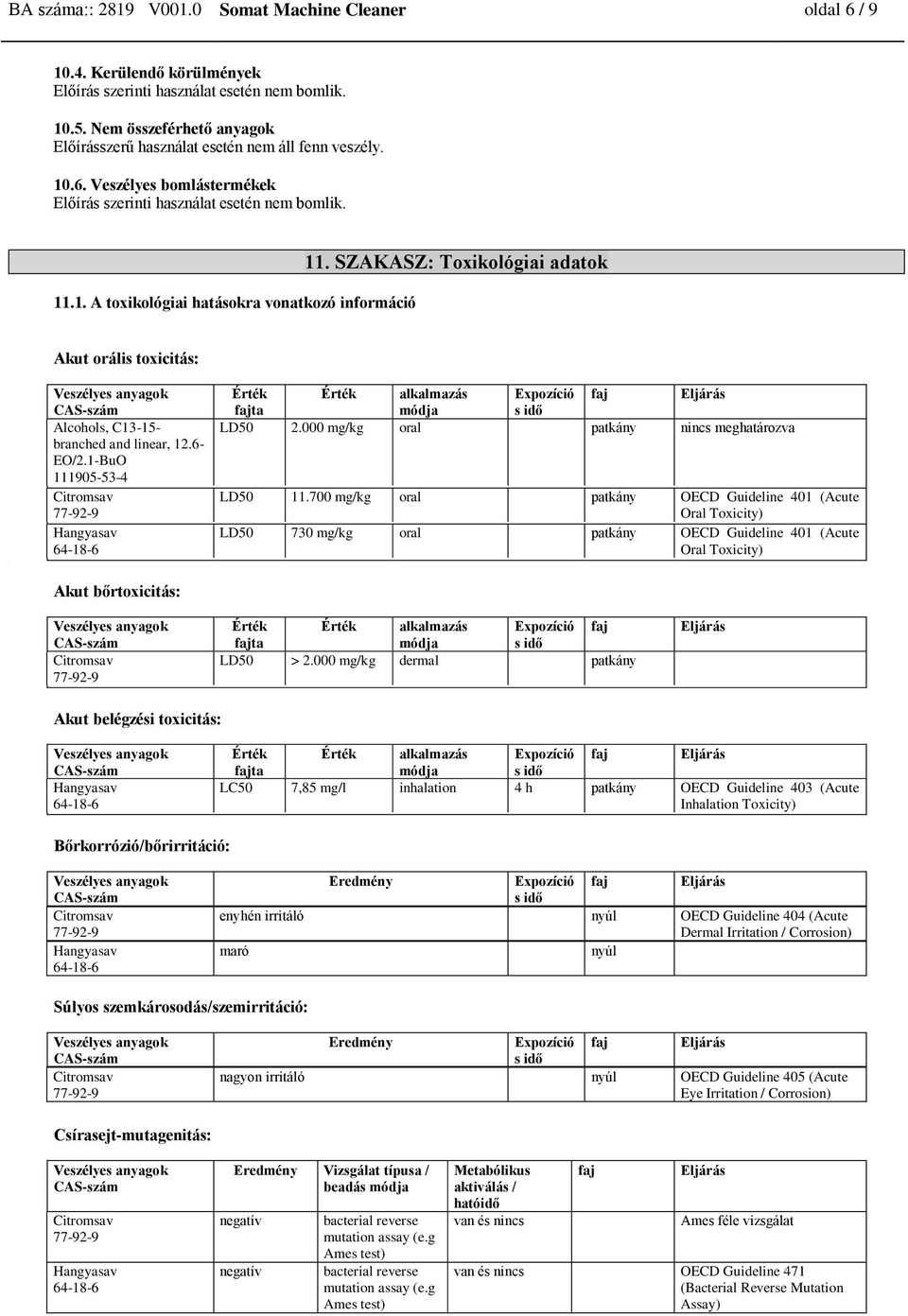 SZAKASZ: Toxikológiai adatok Akut orális toxicitás: Alcohols, C13-15- branched and linear, 12.6- EO/2.1-BuO 111905-53-4 Akut bőrtoxicitás: alkalmazás Expozíció módja LD50 2.
