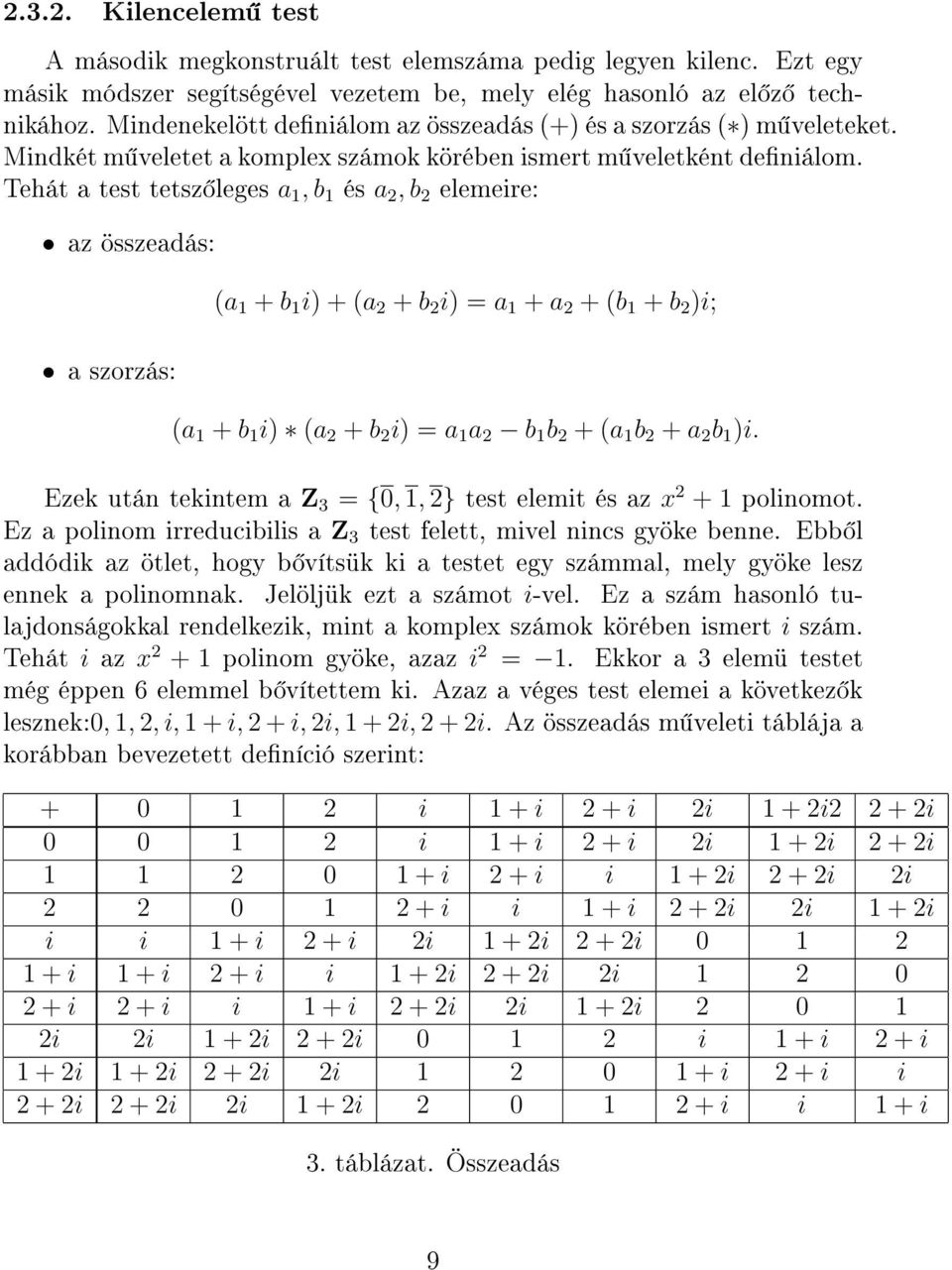 Tehát a test tetsz leges a 1, b 1 és a 2, b 2 elemeire: az összeadás: (a 1 + b 1 i) + (a 2 + b 2 i) = a 1 + a 2 + (b 1 + b 2 )i; a szorzás: (a 1 + b 1 i) (a 2 + b 2 i) = a 1 a 2 b 1 b 2 + (a 1 b 2 +