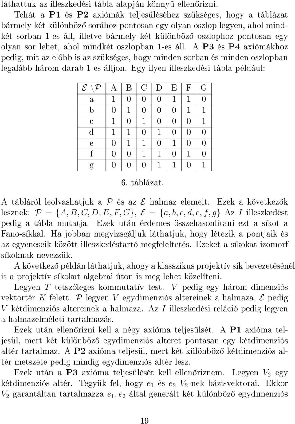 pontosan egy olyan sor lehet, ahol mindkét oszlopban 1-es áll. A P3 és P4 axiómákhoz pedig, mit az el bb is az szükséges, hogy minden sorban és minden oszlopban legalább három darab 1-es álljon.