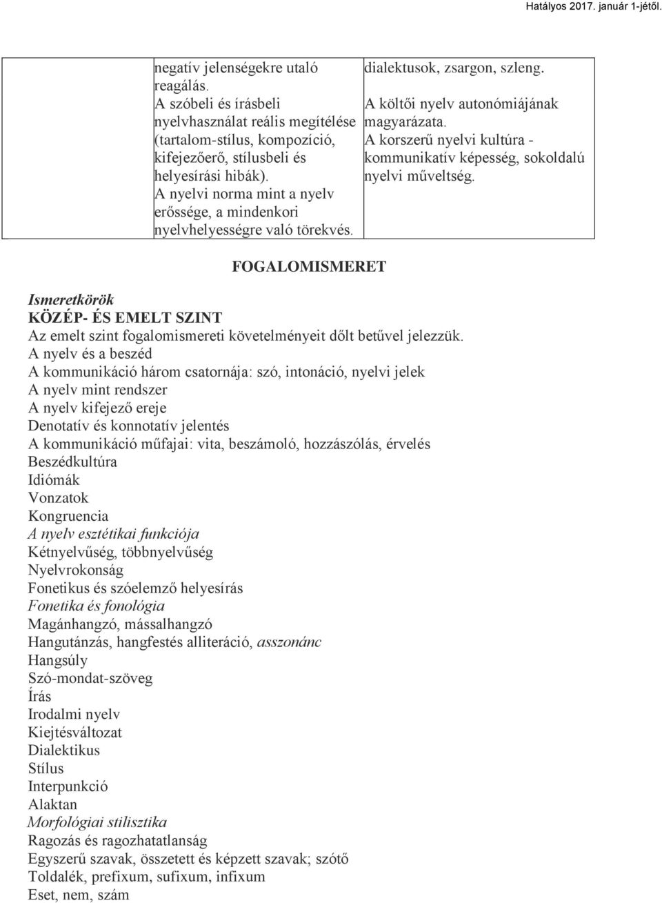 Ismeretkörök KÖZÉP- ÉS EMELT SZINT Az emelt szint fogalomismereti követelményeit dőlt betűvel jelezzük.