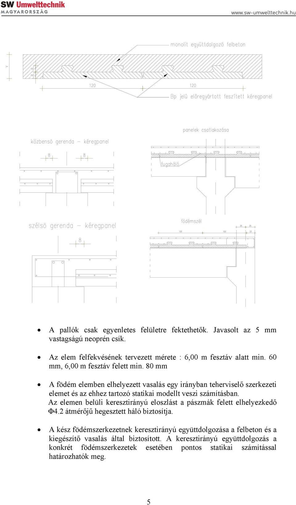 80 mm A födém elemben elhelyezett vasalás egy irányban teherviselő szerkezeti elemet és az ehhez tartozó statikai modellt veszi számításban.