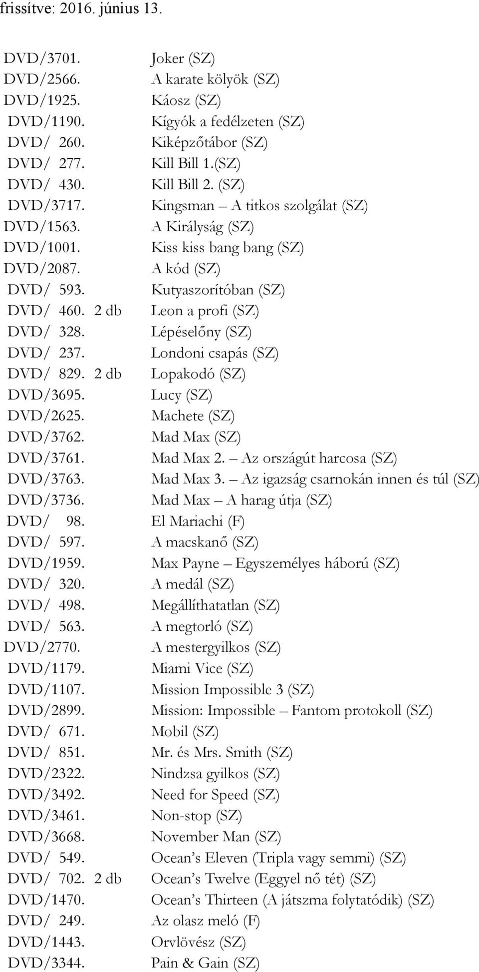 DVD/ 702. 2 db DVD/1470. DVD/ 249. DVD/1443. DVD/3344. Joker (SZ) A karate kölyök (SZ) Káosz (SZ) Kígyók a fedélzeten (SZ) Kiképzőtábor (SZ) Kill Bill 1.(SZ) Kill Bill 2.
