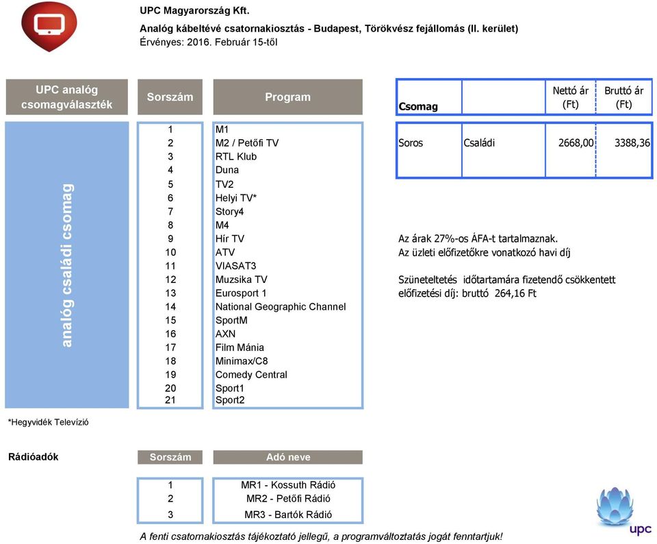 10 ATV 11 VIASAT3 12 Muzsika TV 13 Eurosport 1 14 National Geographic Channel 15 SportM 16 AXN 17 Film Mánia 18 Minimax/C8 19 Comedy Central 20 Sport1 21 Sport2 Az üzleti előfizetőkre vonatkozó