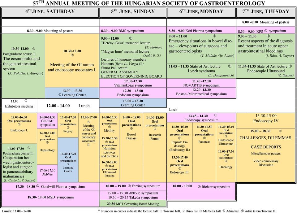 00 Mounting of posters 8.30 9.00 BMS symposium 8.30-9.00 Kéri Pharma symposium 8.30 9.00 KPS symposium 10.30-12.30 Meeting of the GI nurses and endoscopy associates I. 13.00 13.30 Learning Center 13.