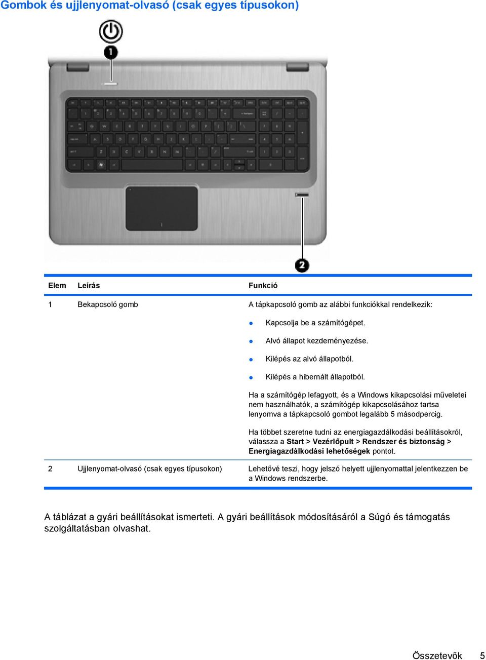 Ha a számítógép lefagyott, és a Windows kikapcsolási műveletei nem használhatók, a számítógép kikapcsolásához tartsa lenyomva a tápkapcsoló gombot legalább 5 másodpercig.