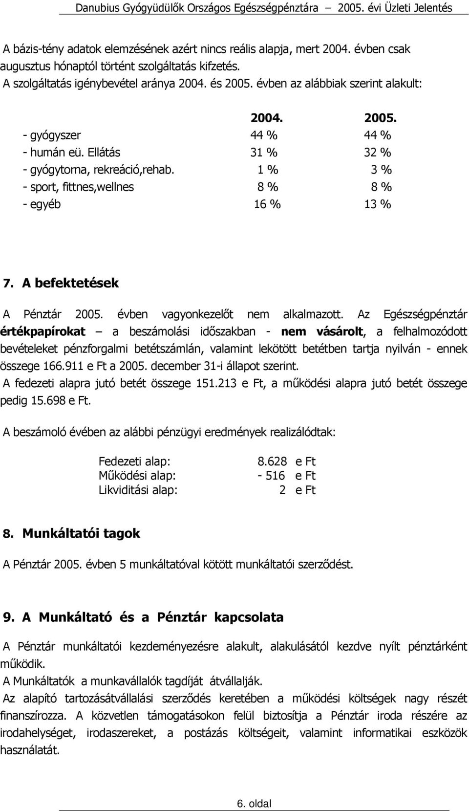 A befektetések A Pénztár 2005. évben vagyonkezelőt nem alkalmazott.