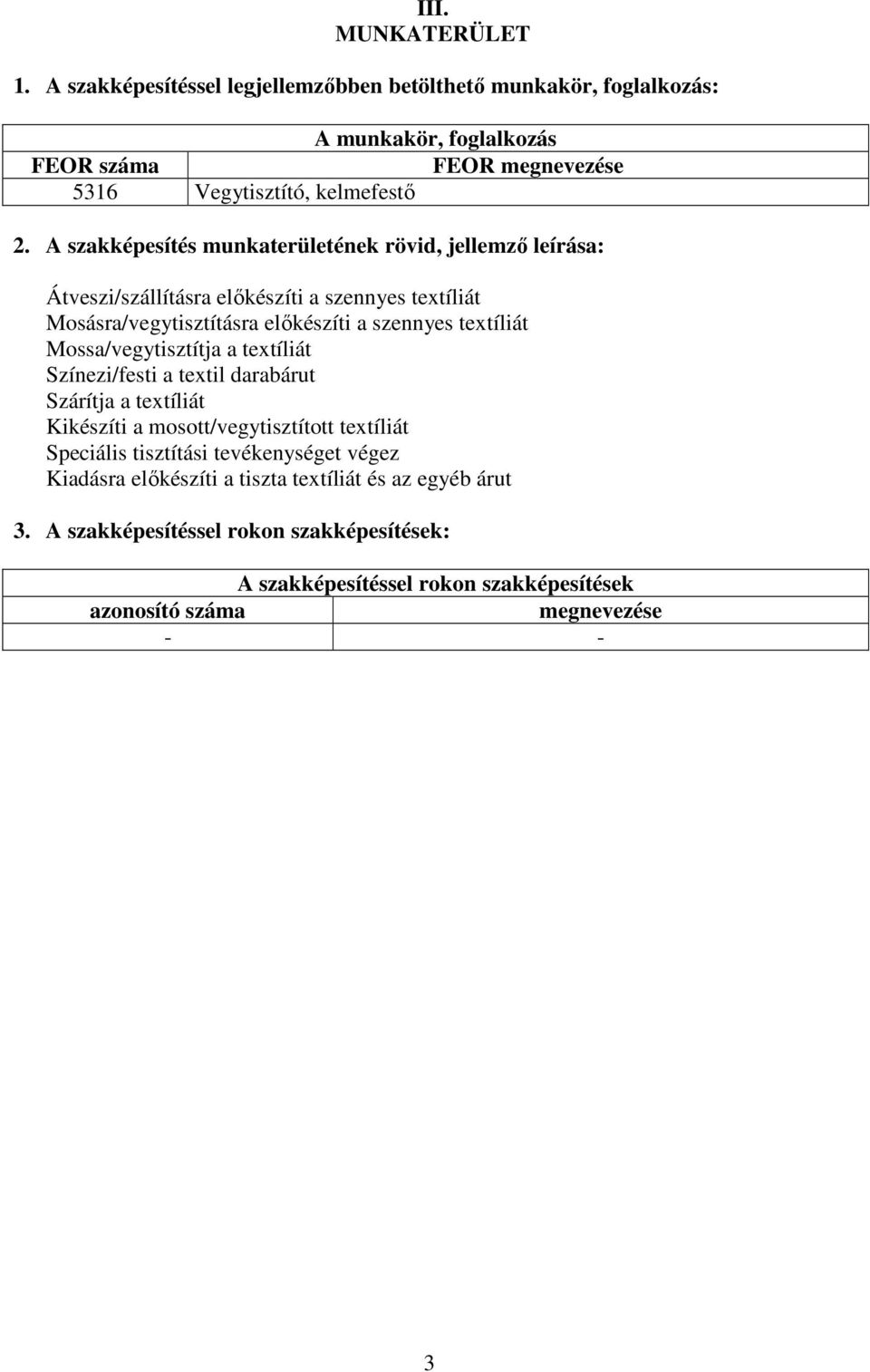 A szakképesítés munkaterületének rövid, jellemző leírása: Átveszi/szállításra előkészíti a szennyes textíliát Mosásra/vegytisztításra előkészíti a szennyes textíliát