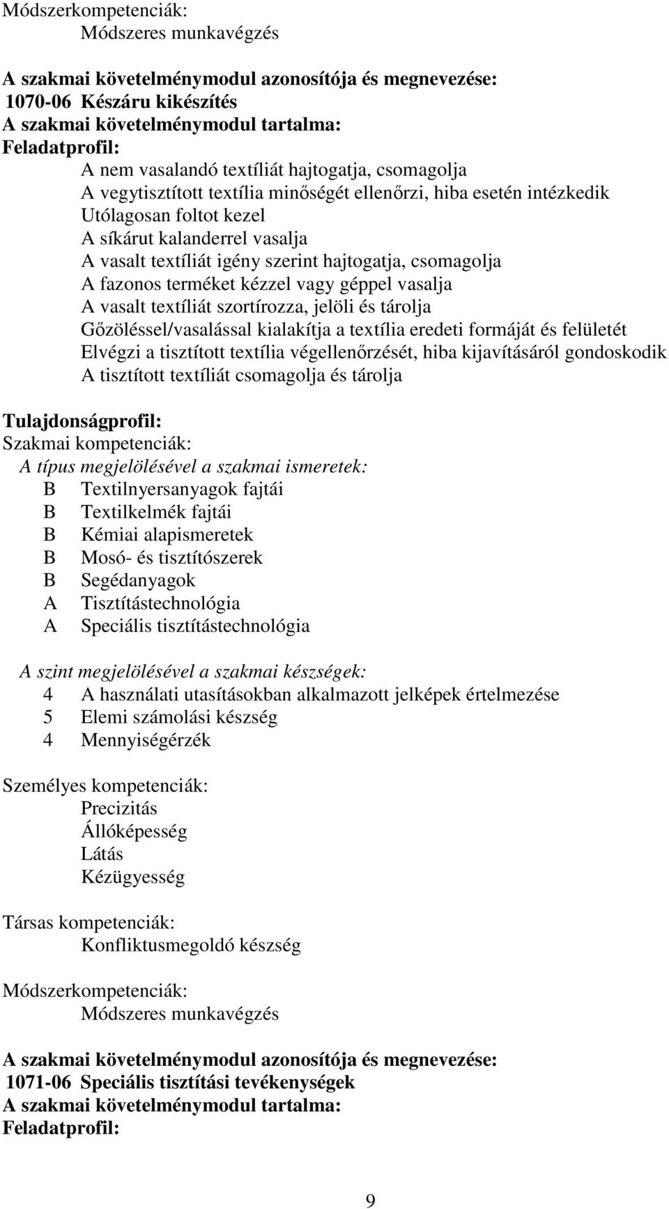 hajtogatja, csomagolja A fazonos terméket kézzel vagy géppel vasalja A vasalt textíliát szortírozza, jelöli és tárolja Gőzöléssel/vasalással kialakítja a textília eredeti formáját és felületét