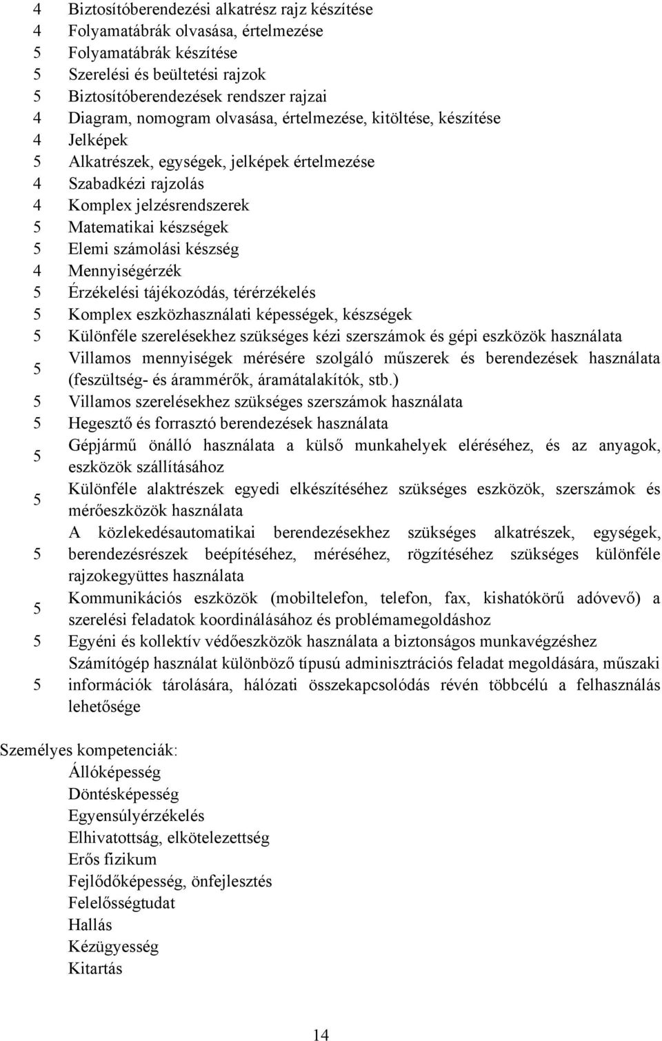 készség 4 Mennyiségérzék 5 Érzékelési tájékozódás, térérzékelés 5 Komplex eszközhasználati képességek, készségek 5 Különféle szerelésekhez szükséges kézi szerszámok és gépi eszközök használata 5