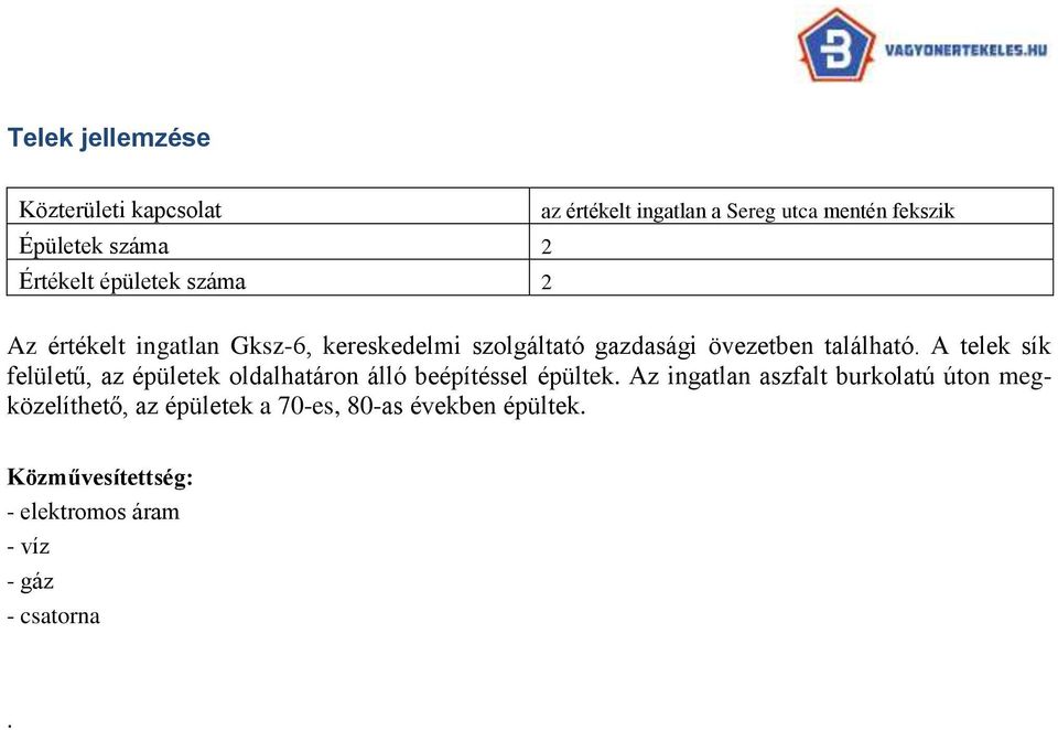 A telek sík felületű, az épületek oldalhatáron álló beépítéssel épültek.
