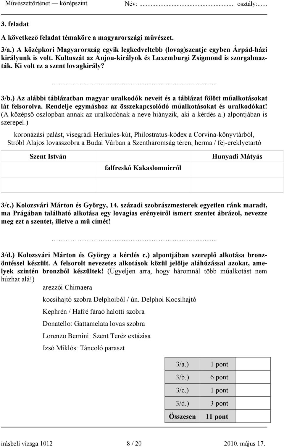 ) Az alábbi táblázatban magyar uralkodók neveit és a táblázat fölött műalkotásokat lát felsorolva. Rendelje egymáshoz az összekapcsolódó műalkotásokat és uralkodókat!