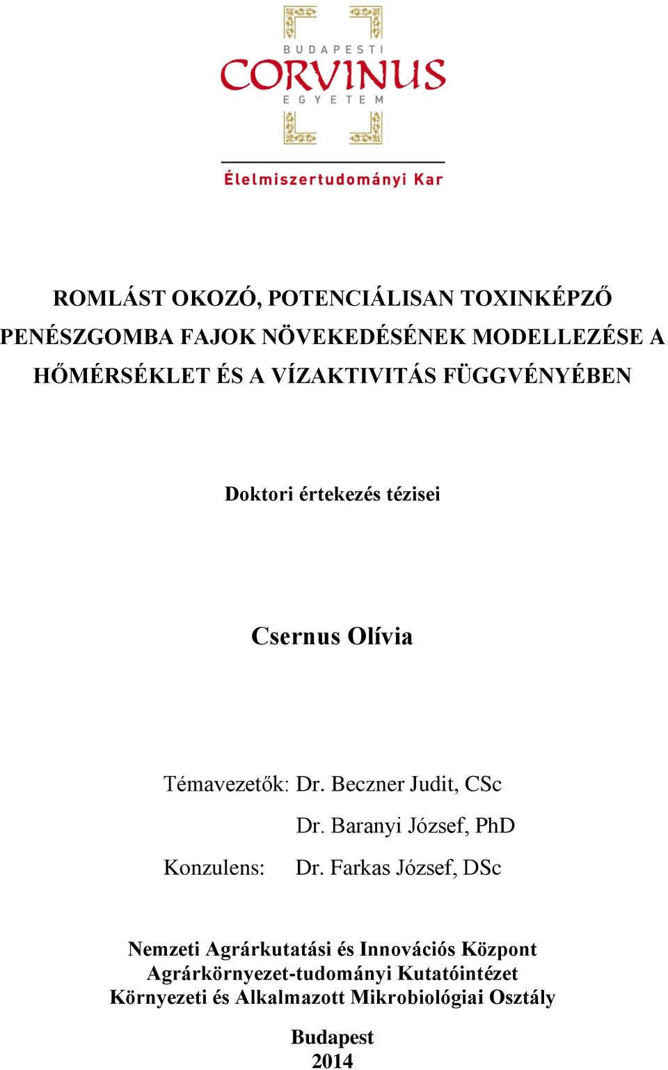 Beczner Judit, CSc Dr. Baranyi József, PhD Konzulens: Dr.