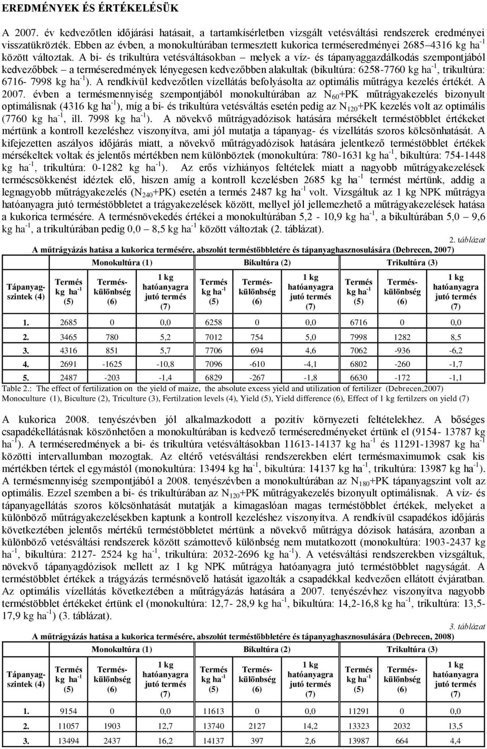 A bi- és trikultúra vetésváltásokban melyek a víz- és tápanyaggazdálkodás szempontjából kedvezőbbek a terméseredmények lényegesen kedvezőbben alakultak (bikultúra: 6258-7760, trikultúra: 6716-7998 ).