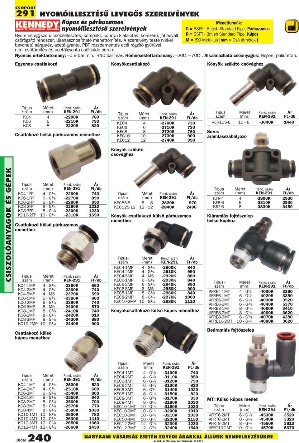 Könyökcs atlakozó Menetformák: G = BSPP - British Standard Pipe, Párhuzamos R = BSPT - British Standard Pipe, Kúpos M = ISO Metrikus [mm = Cső átmérője] Nyomás 0.9 bar min., +10 bar max.