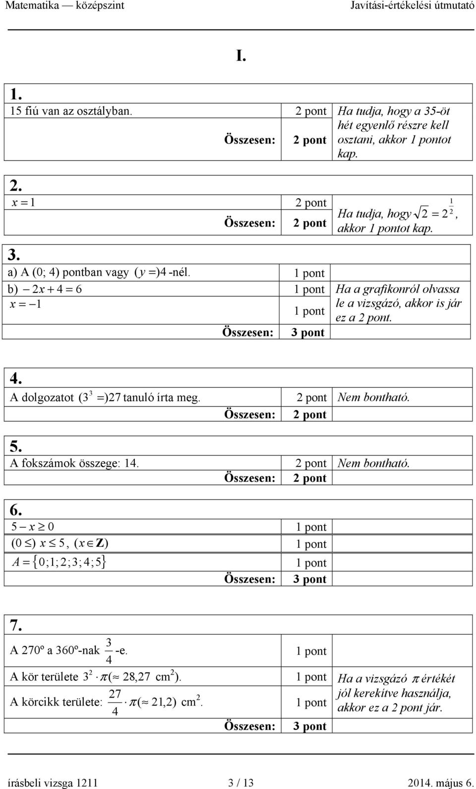 Nem bontható. Összesen: 5. A fokszámok összege: 14. Nem bontható. Összesen: 6. 5 x 0 ( 0 ) x 5, ( x Z) { 0;1; ;3; 4;5} A = 7. A 70º a 360º-nak 4 3 -e.