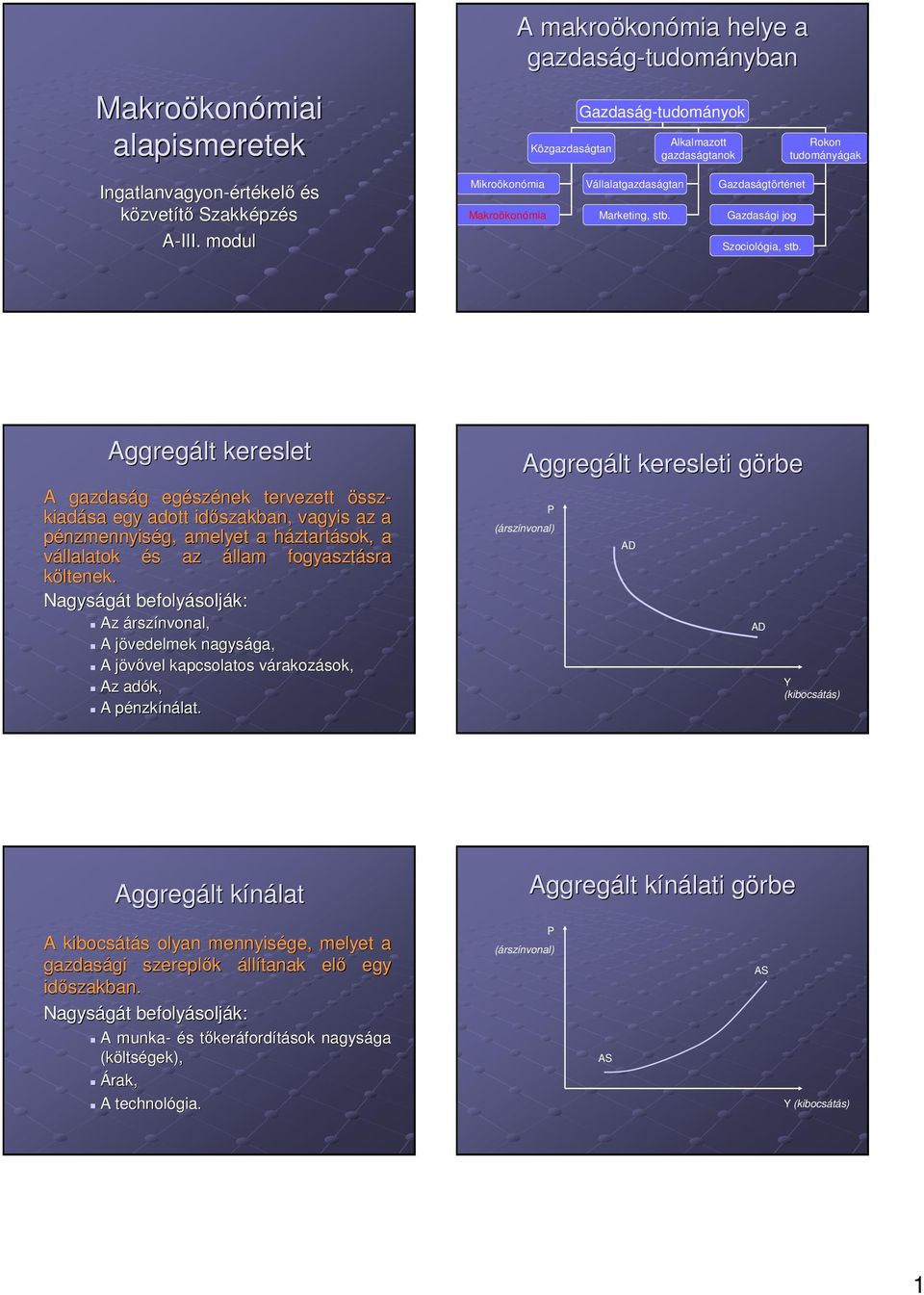 Aggregált kereslet A gazdaság egészének tervezett össz- kiadása egy adott idıszakban, vagyis az a pénzmennyiség, amelyet a háztartások, a vállalatok és az állam fogyasztásra költenek.