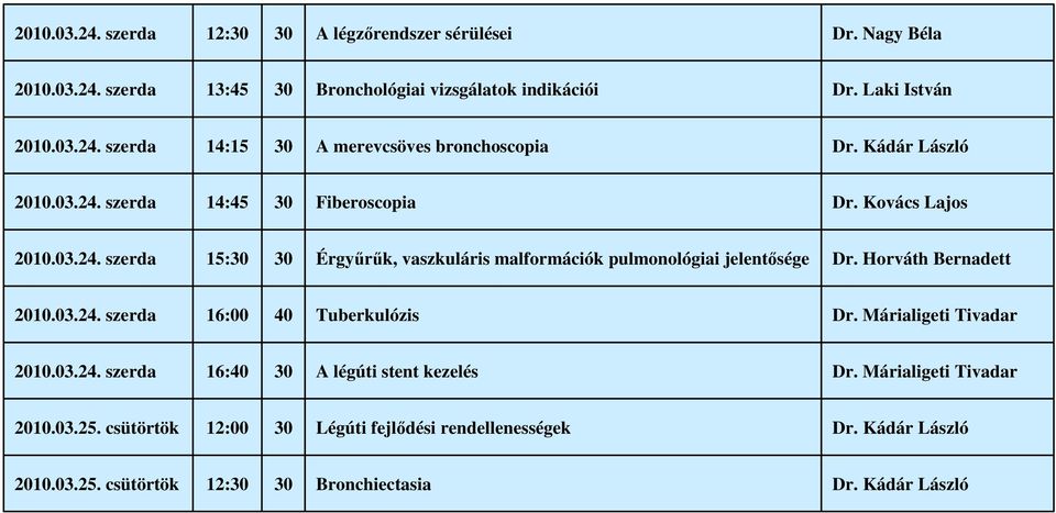 Horváth Bernadett 2010.03.24. szerda 16:00 40 Tuberkulózis Dr. Márialigeti Tivadar 2010.03.24. szerda 16:40 30 A légúti stent kezelés Dr. Márialigeti Tivadar 2010.03.25.