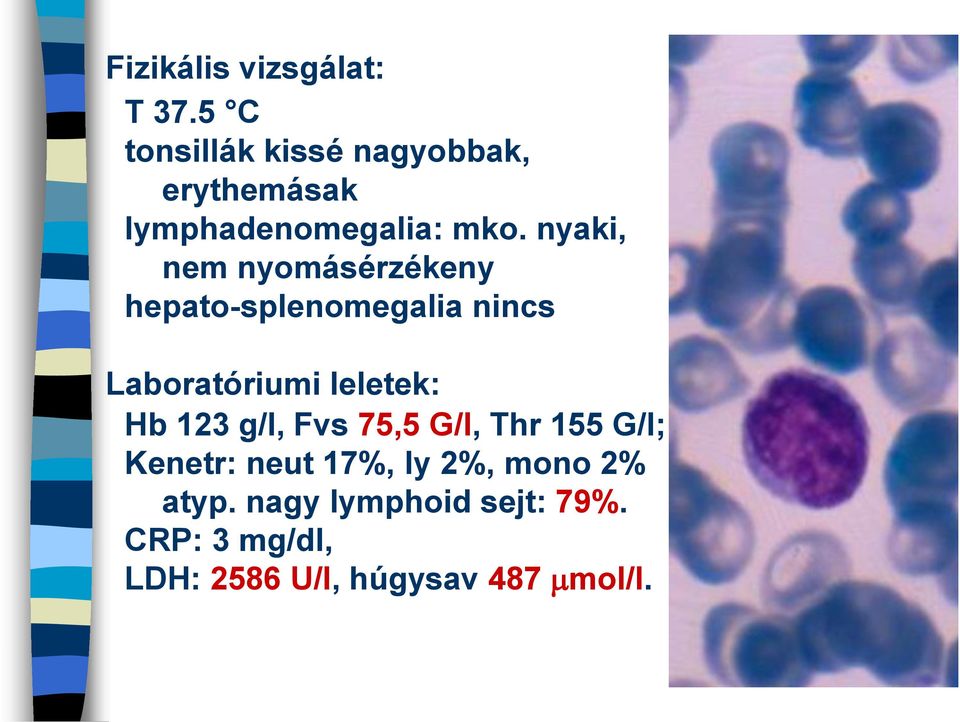 nyaki, nem nyomásérzékeny hepato-splenomegalia nincs Laboratóriumi leletek: Hb