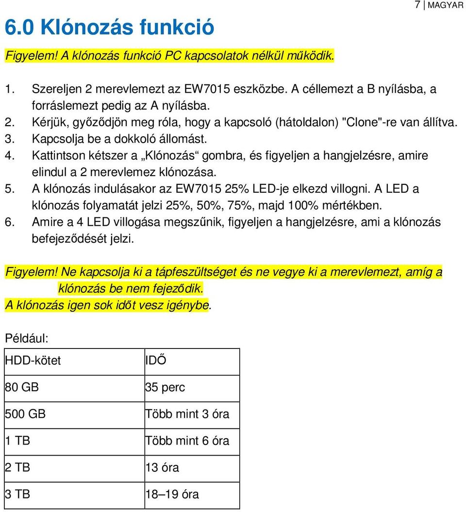 Kattintson kétszer a Klónozás gombra, és figyeljen a hangjelzésre, amire elindul a 2 merevlemez klónozása. 5. A klónozás indulásakor az EW7015 25% LED-je elkezd villogni.