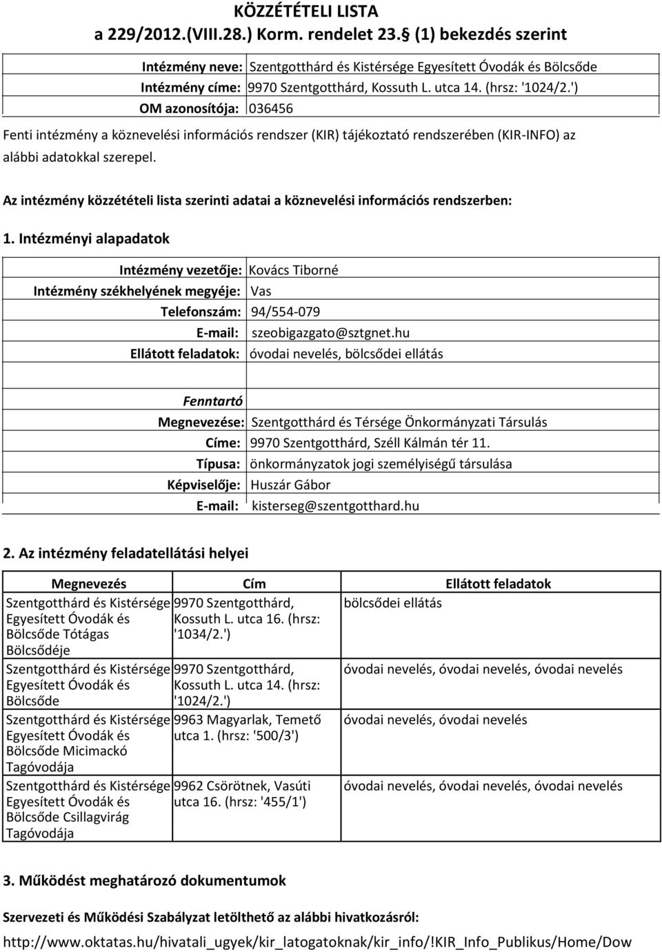 Az intézmény közzétételi lista szerinti adatai a köznevelési információs rendszerben: 1.