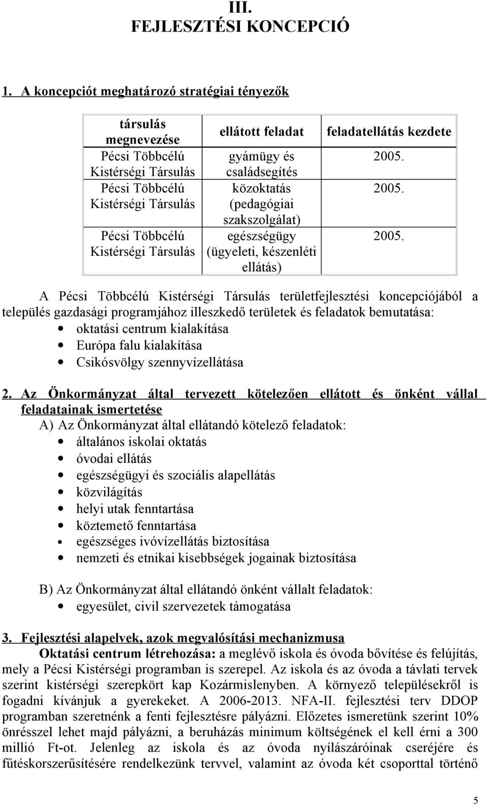családsegítés közoktatás (pedagógiai szakszolgálat) egészségügy (ügyeleti, készenléti ellátás) feladatellátás kezdete 2005.