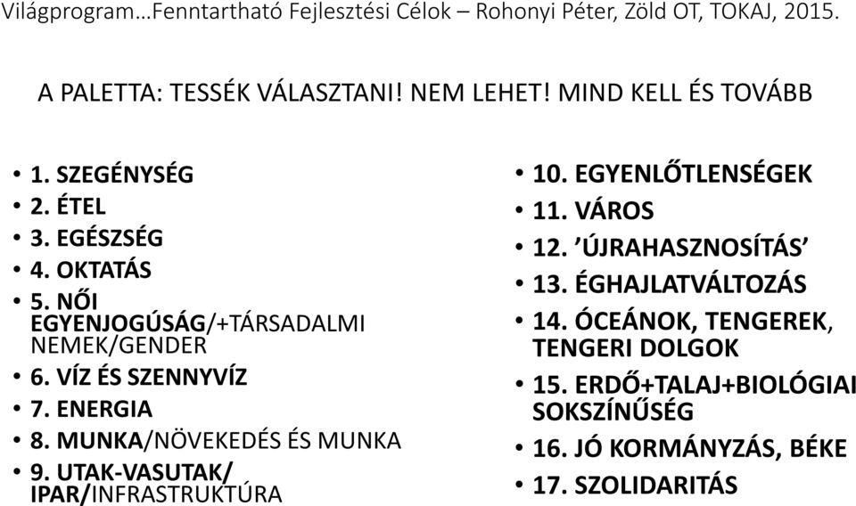 UTAK-VASUTAK/ IPAR/INFRASTRUKTÚRA 10. EGYENLŐTLENSÉGEK 11. VÁROS 12. ÚJRAHASZNOSÍTÁS 13. ÉGHAJLATVÁLTOZÁS 14.