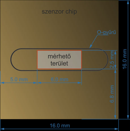 31. ábra Az SPR szenzor chip méretrajza az IBIS ispr műszerrel mérhető területtel és az áramlási cellát kialakító O-gyűrűvel Első lépésként mindig megtisztítottam a planáris, módosítatlan arany SPR
