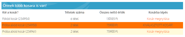 3.4.2 -ha az Alkód jogosult a rendelés véglegesítésére: Ha az Alkód jogosult a rendelés véglegesítésére, akkor a rendelés nem jelenik meg a Főkód kosarában.