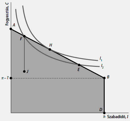 Fogyasztói optimum A fogyasztó adott w és adott π mellett azt a C,l kombinációt választja, ami maximalizálja hasznát Ezzel egyben eldönti, hogy mennyi munkát kínál Az optimum pontban MRS = w Azaz MU