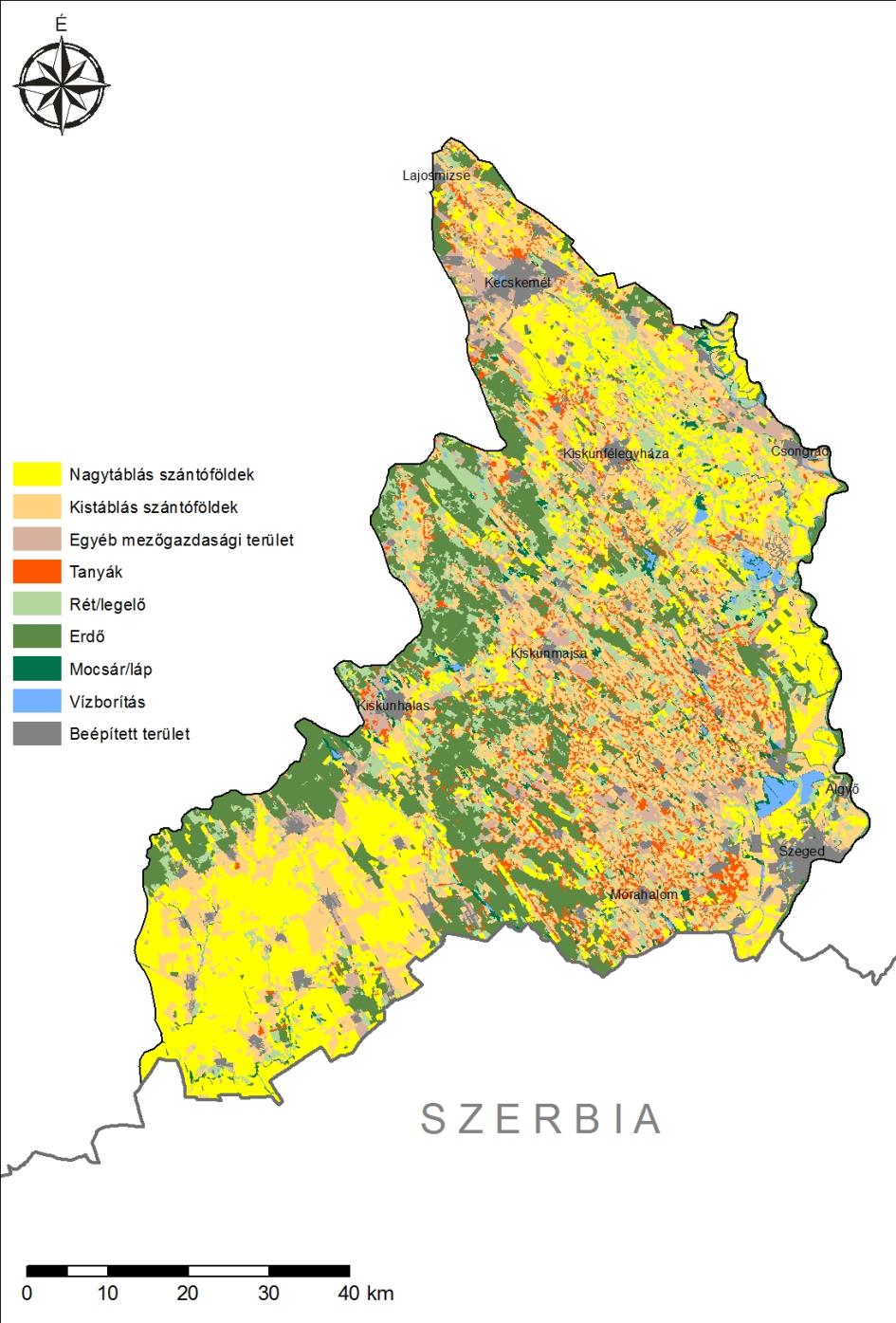 VIZSGÁLT LEHETŐSÉGEK A területhasználat jellemzői Területhasználat típusa Terület nagysága [Km 2 ] Terület aránya [%] Beépített terület 237.6 4.4 Nagytáblás szántóföldek 1228.