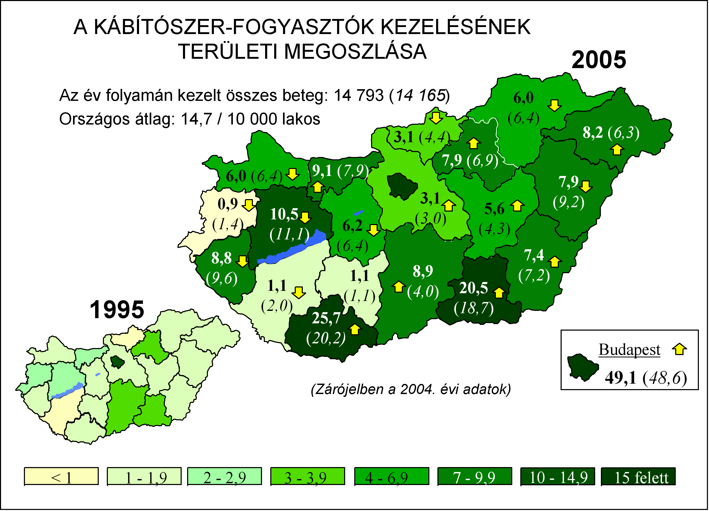 6. ábra Egészségügyi kezelésben részesült drogfogyasztók területi megoszlása 2005-ben Forrás: OSAP 1627, illetve EüM 1211. sz.