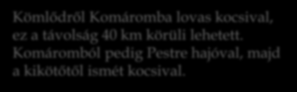 A szállítás történhetett lovas kocsival Kömlődről Pestre, azonban az út legalább 80 km hosszú, így az több napig is eltarthatott.