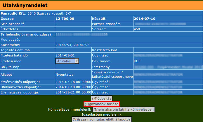 95. ábra: 1212 MP utalványrendelet mozgatás Igazolások törlése: törli az utalványrendeleten történt összes igazolást (utalványozói igazolás 127 MP, érvényesítői igazolás 128 MP, ellenjegyzői igazolás