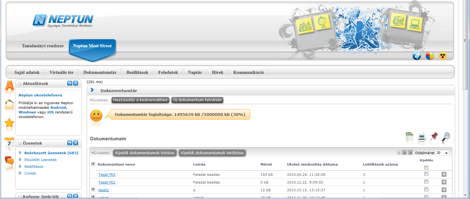 3. Dokumentumtár Az NMS közösségi tér egyik fő funkciója a fájlok/dokumentumok feltöltésével, publikálásával kapcsolatos, mely ebből a menüpontból érhető el.