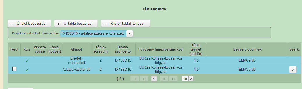 Adategyeztetés sajátosságai EMVA MGTE fedvénnyel érintett ügyfelek esetében: Kiválasztjuk az adategyeztetésre kötelezett táblánkat, majd a Tábla módosítása és a Szerk.