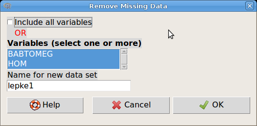 12. ábra. Összef zött BABTOMEG és TOMEG0 változók a lepke táblázatból 13. ábra. Hiányzó adatokat tartalmazó esetek eltávolítása: Data Active data set Remove cases with missing data... 6.