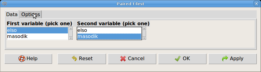39. ábra. Kétmintás t-próba: Statistics Means Independent samples t-test... Options > t.test(tomeg~ivar, alternative='greater', conf.level=.95, + var.