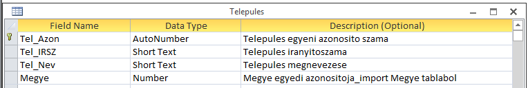Print screen, Nyelv tábla, tervező nézet 4. Tábla: Megye 2 adatmezőből áll, elsődleges kulcsa a megye egyedi azonosító száma, Megye_Azon kóddal. Print screen, Megye tábla, tervező nézet 5.