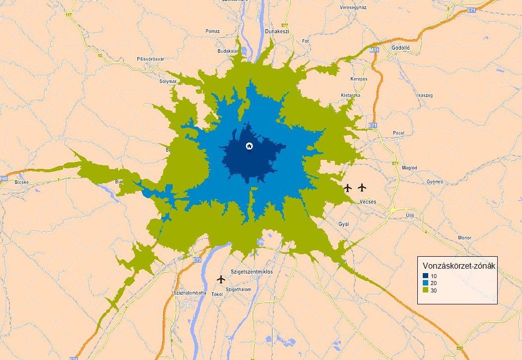 GfK Vásárlóerő elemzési lehetőségek Lokációanalízisek vonzáskörzet elemzések Egy budapesti lokáció 10, 20 és 30 perces autós vonzáskörzete (geográfiai, vagy más