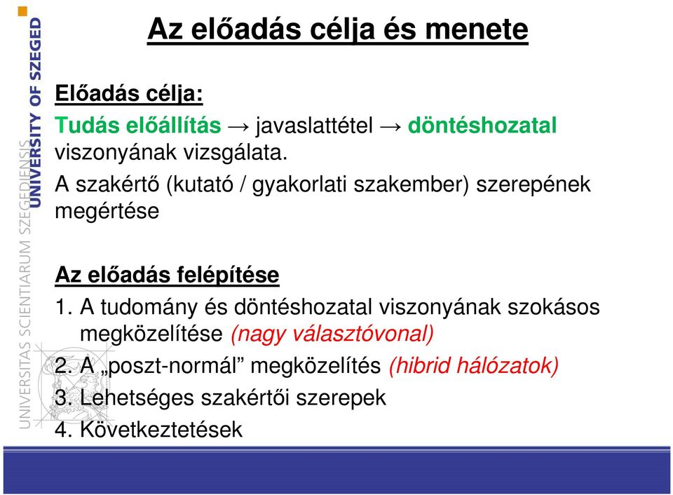 A szakértő (kutató / gyakorlati szakember) szerepének megértése Az előadás felépítése 1.