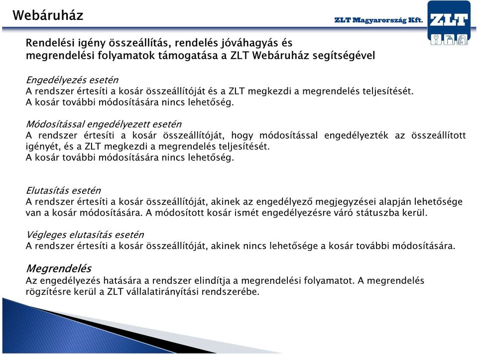 Módosítással engedélyezett esetén A rendszer értesíti a kosár összeállítóját, hogy módosítással engedélyezték az összeállított igényét, és a ZLT megkezdi a  Elutasítás esetén A rendszer értesíti a