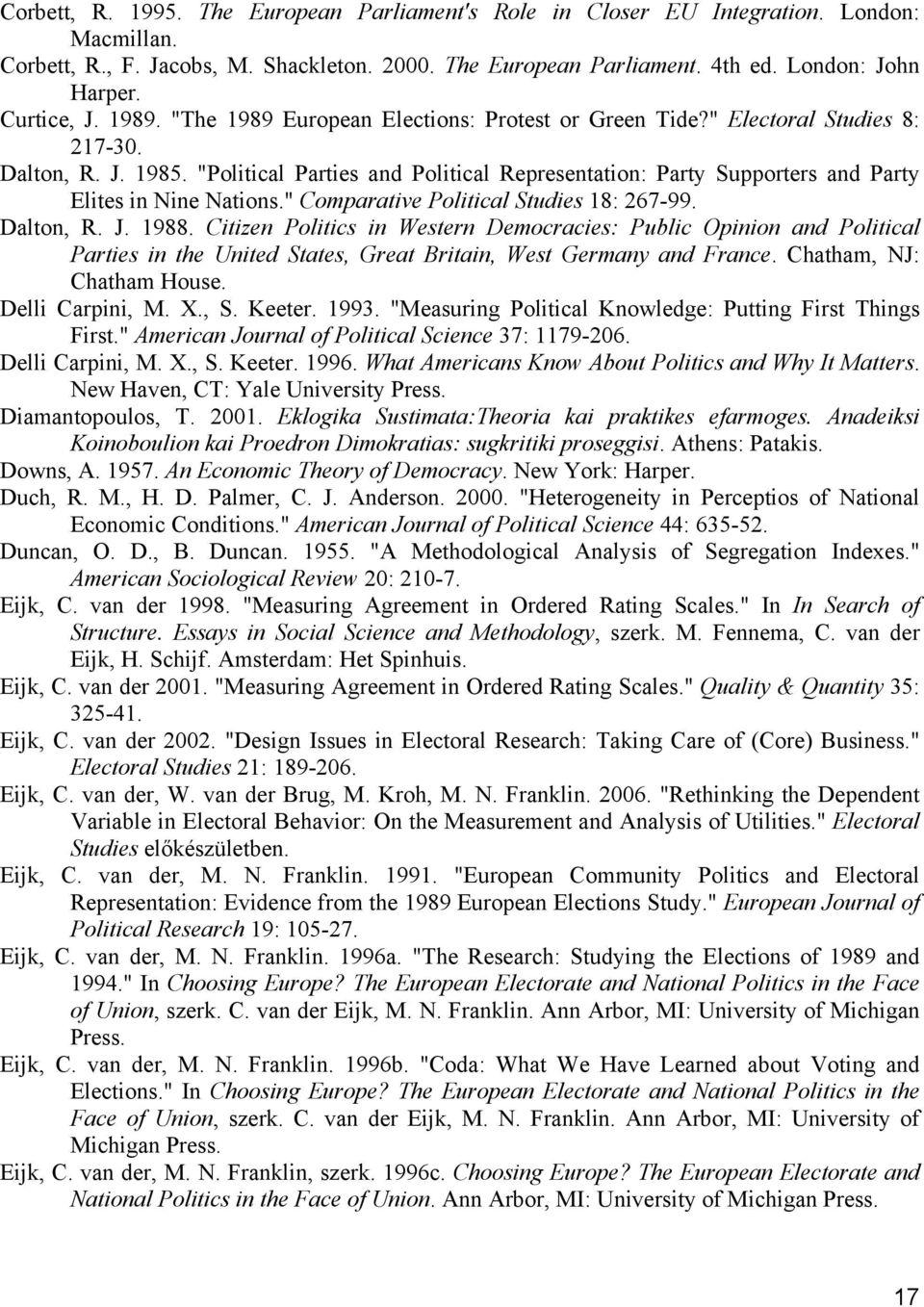 "Political Parties and Political Representation: Party Supporters and Party Elites in Nine Nations." Comparative Political Studies 18: 267-99. Dalton, R. J. 1988.