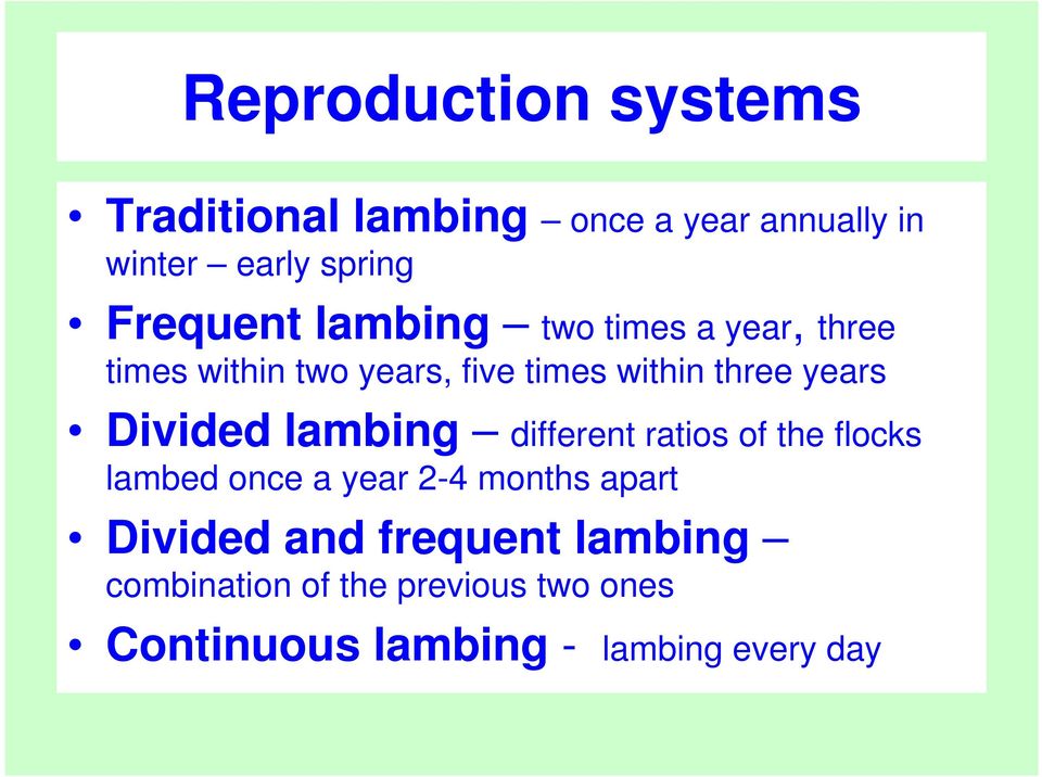 years Divided lambing different ratios of the flocks lambed once a year 2-4 months apart