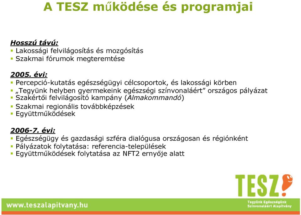 pályázat Szakértıi felvilágosító kampány (Almakommandó) Szakmai regionális továbbképzések Együttmőködések 2006-7.