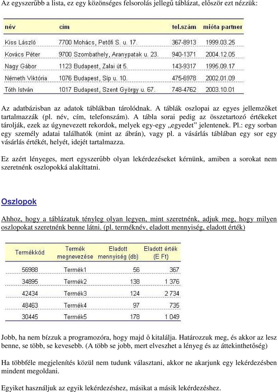 : egy sorban egy személy adatai találhatók (mint az ábrán), vagy pl. a vásárlás táblában egy sor egy vásárlás értékét, helyét, idejét tartalmazza.