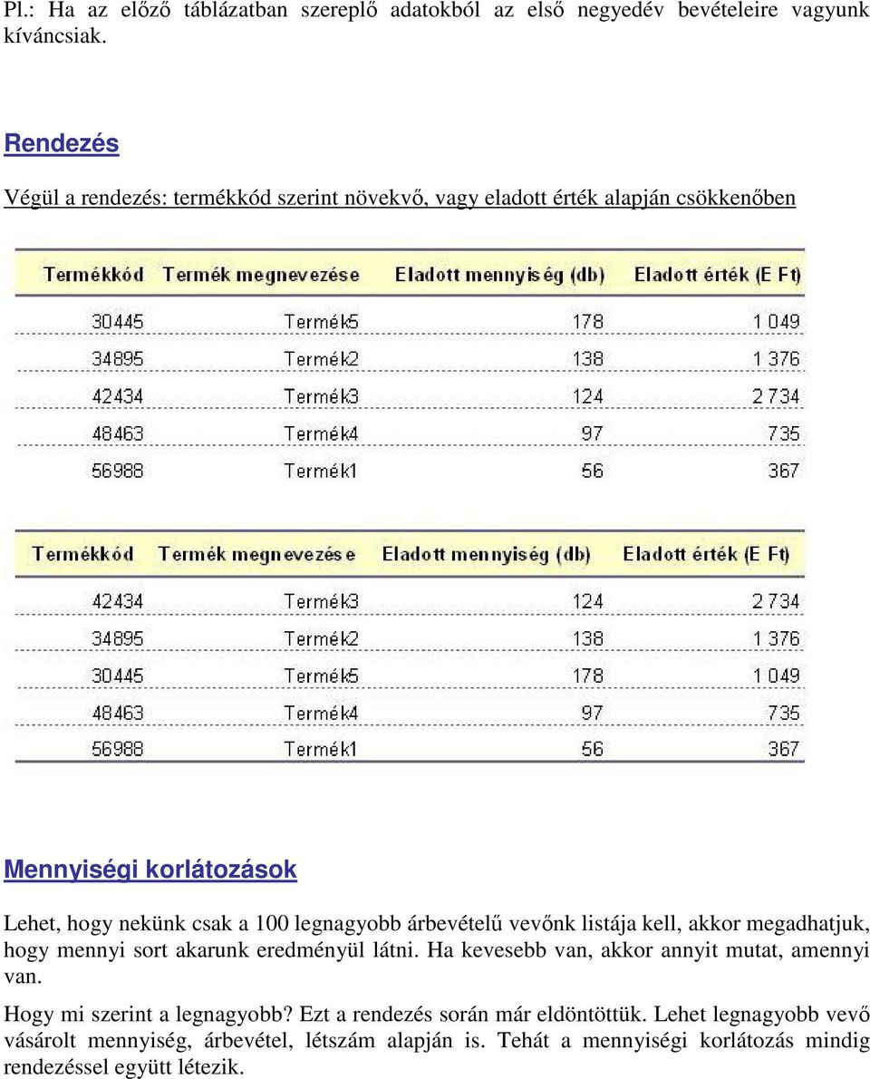 legnagyobb árbevételű vevőnk listája kell, akkor megadhatjuk, hogy mennyi sort akarunk eredményül látni.