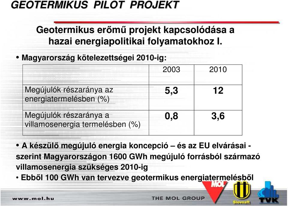 részaránya a villamosenergia termelésben (%) 5,3 12 0,8 3,6 A készül megújuló energia koncepció és az EU