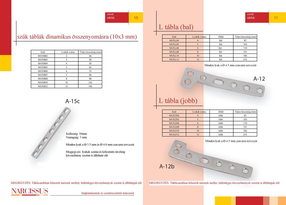 5 mm csavarra tervezett táblák 11 A-12 A-15c L tábla (jobb) Szélesség: 10mm Vastagság: 3 mm Minden lyuk a Ø 3.5 mm és Ø 4.0 mm csavarra tervezett Kód Lyukak száma Oldal Teljes hosszúság (mm) NA.P.